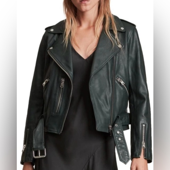 All Saints Balfern Moto Leather Jacket / RARE color - green skies … - Picture 1 of 15